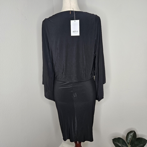 MISA Los Angeles Size Large V neck draped knot front bell sleeve black New 086 - Picture 5 of 7